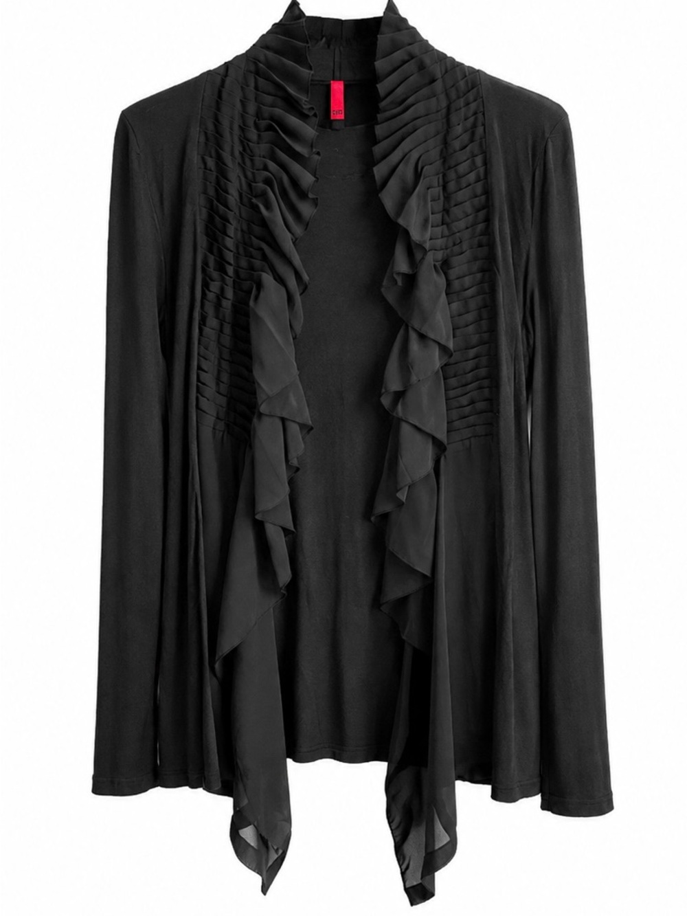 Black ruffle front cardigan jacket, size L, Length 29”, NWOT
